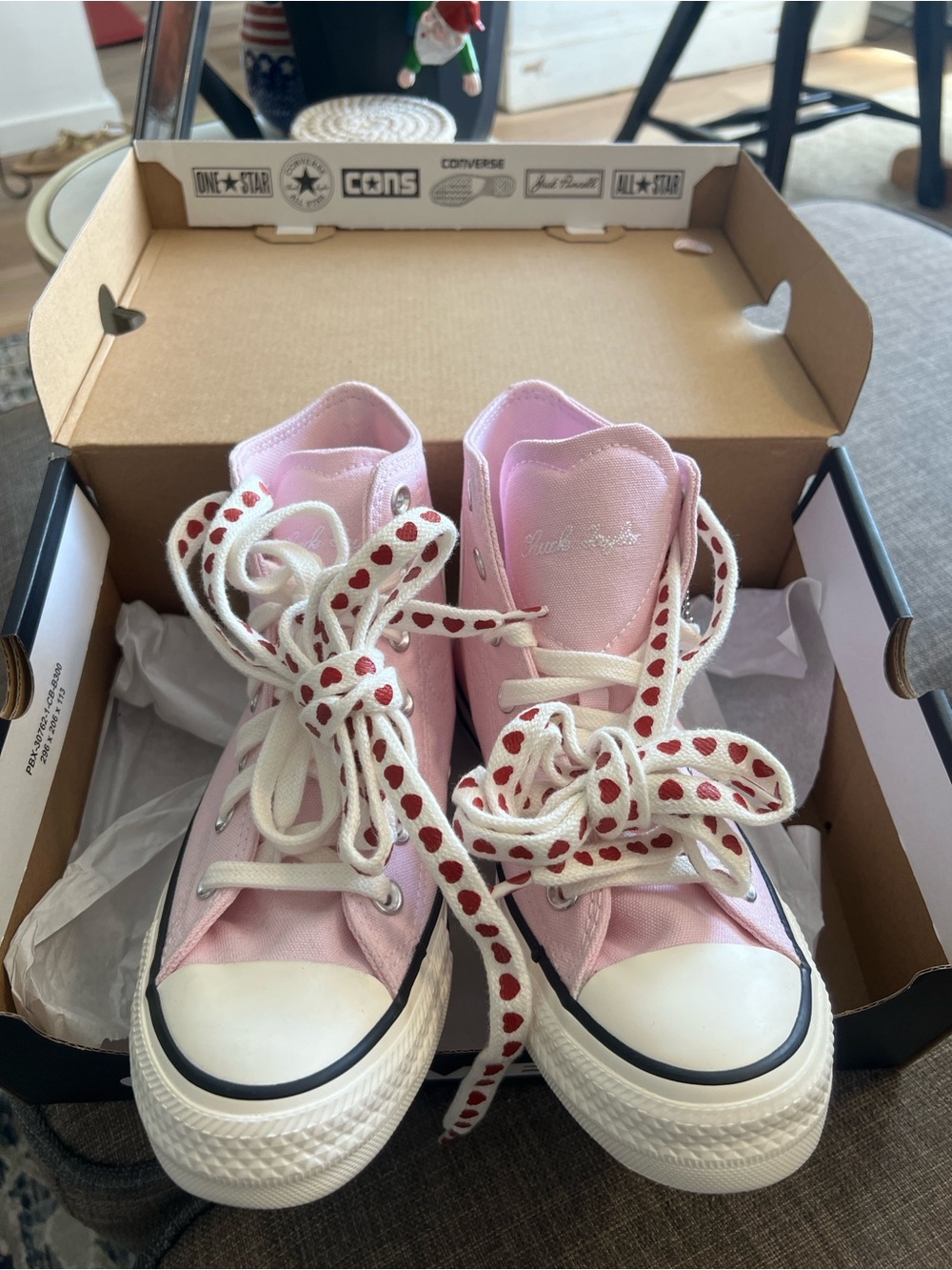 Converse Pink High Top Sneakers with Heart-Pattern Laces